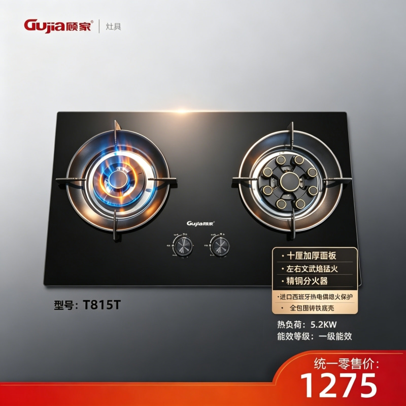 顾家5.2kw双灶猛火鸳鸯燃气灶-T815T